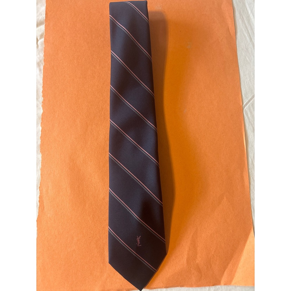 Yves Saint Laurent Necktie Mens OS Navy Pink Striped Excellent YSL Logo Silk Tie